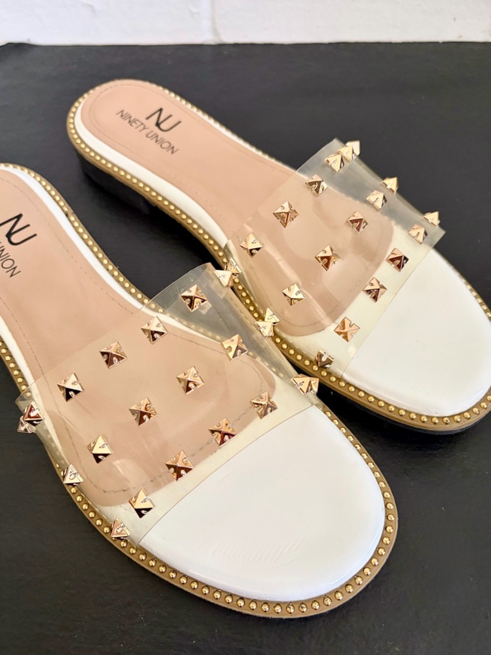 Ninety Union Studded Slides in White & Black w/ Gold Accents, SZ 11 EUC - Picture 5 of 11